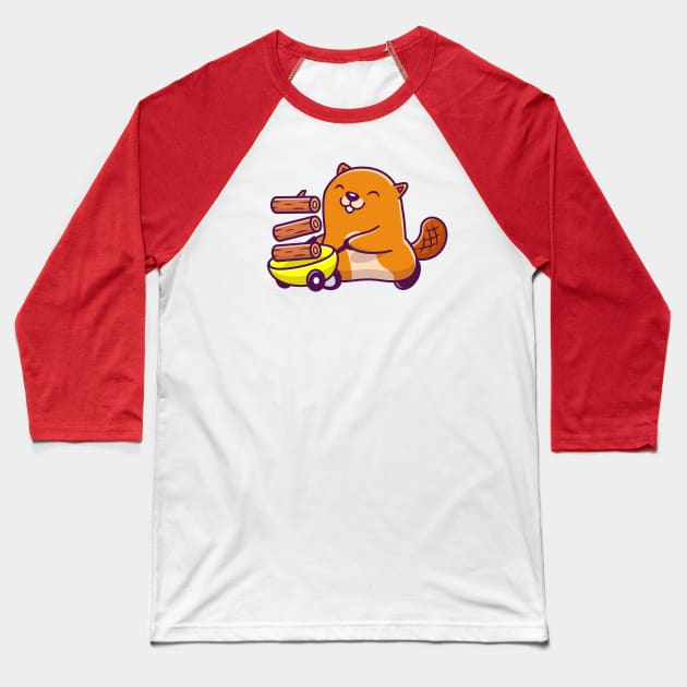 Cute Beaver With Cart And Wood Cartoon Baseball T-Shirt by Catalyst Labs
